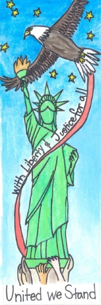United we stand with liberty and justice for all, statue of liberty and eagle