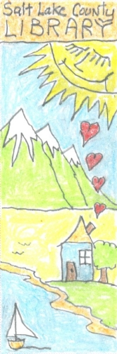 Landscape of a house in the mountains by the lake with a smiling sun
