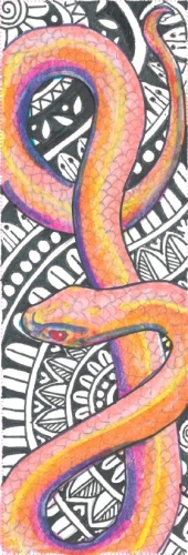 colorful snake over black and white geometric background