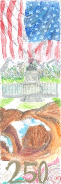 250 with arches, capitol, mountains, and flag