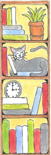 Bookshelf with books and cat