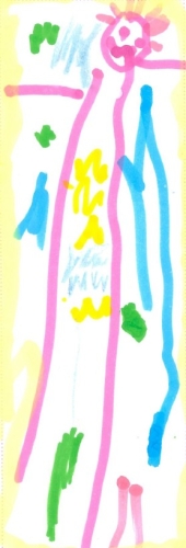 Bright pink person with yellow, green, and blue