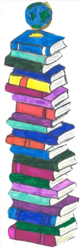 tall stack of books with a globe on top