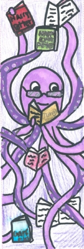 purple octopus with lots of books