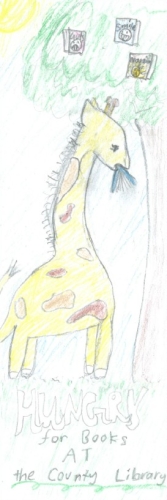 Hungry for Books, with a giraffe eating books and leaves