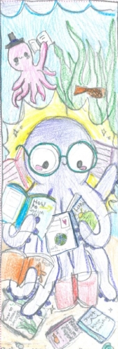 underwater octopus reading lots of books