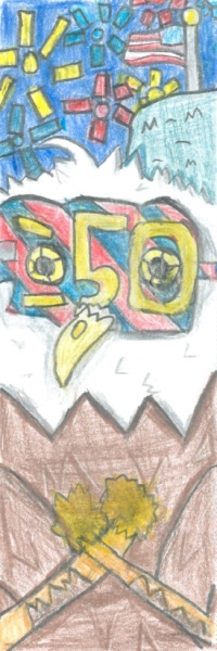 An eagle with 250 glasses, a flag, and fireworks
