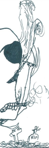 Black line drawing of shapes and tombstones