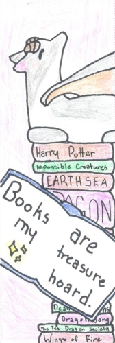 dragon on a stack of books, books are my treasure hoard