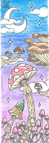 mushrooms against an evening sky