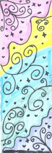 Colorful background with organic curls, hearts, and stars